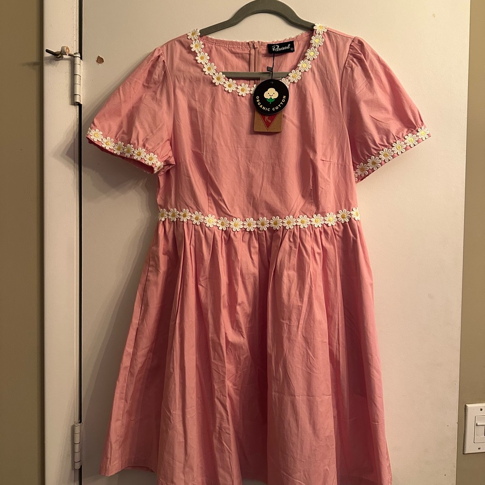 Pink Floral ladies  Dress daisy trim